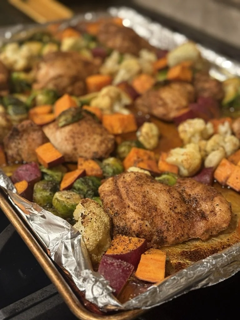 Sheet Pan Chicken with Moroccan Rub, Sweet Potato, Cauliflower and Brussels Sprouts