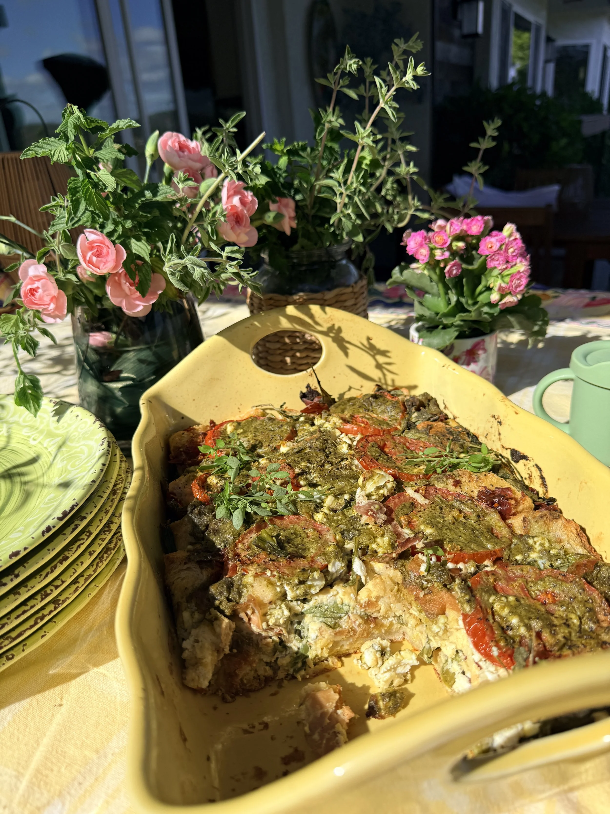 Breakfast Strata with Asparagus, Prosciutto &amp; Pesto
