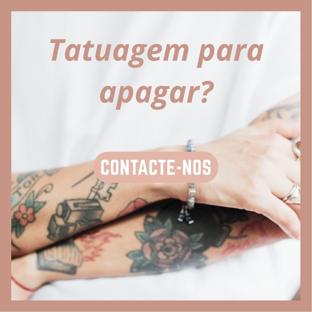 Close-up of tattooed arm with various colorful tattoos, overlaid with the text "Tatuagem para apagar? CONTACTE-NOS" in Portuguese, asking if you want to remove a tattoo and encouraging contact.