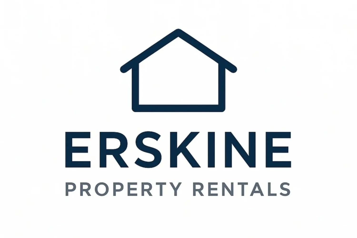 The official corporate logo for Erskine Property Rentals, featuring a clean navy blue house outline icon above the bold navy blue text ERSKINE, with the words PROPERTY RENTALS styled in a sleek grey font underneath against a crisp white background.
