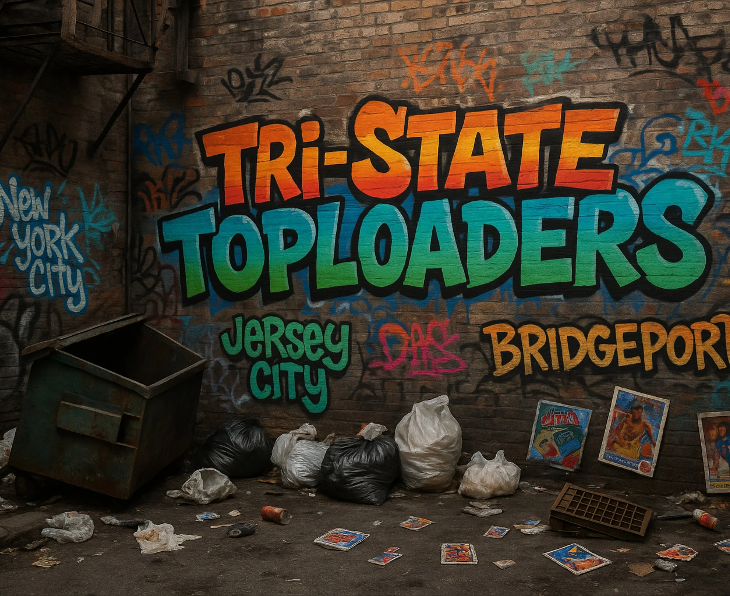 Graffiti art on a brick wall with colorful text reading 'TRI-STATE TOPLOADERS' and additional words 'Jersey City' and 'Bridgeport'. The ground has scattered garbage, including trash bags, discarded flyers, and a tipped-over dumpster.