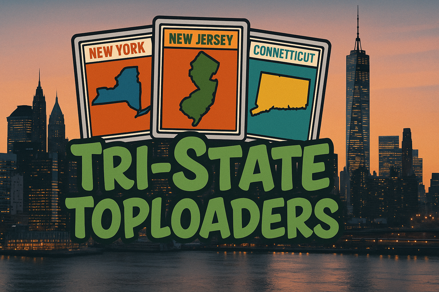 Illustration of the states of New York, New Jersey, and Connecticut over a New York City skyline at sunset, with the text 'Tri-State Toploaders' in large green letters.