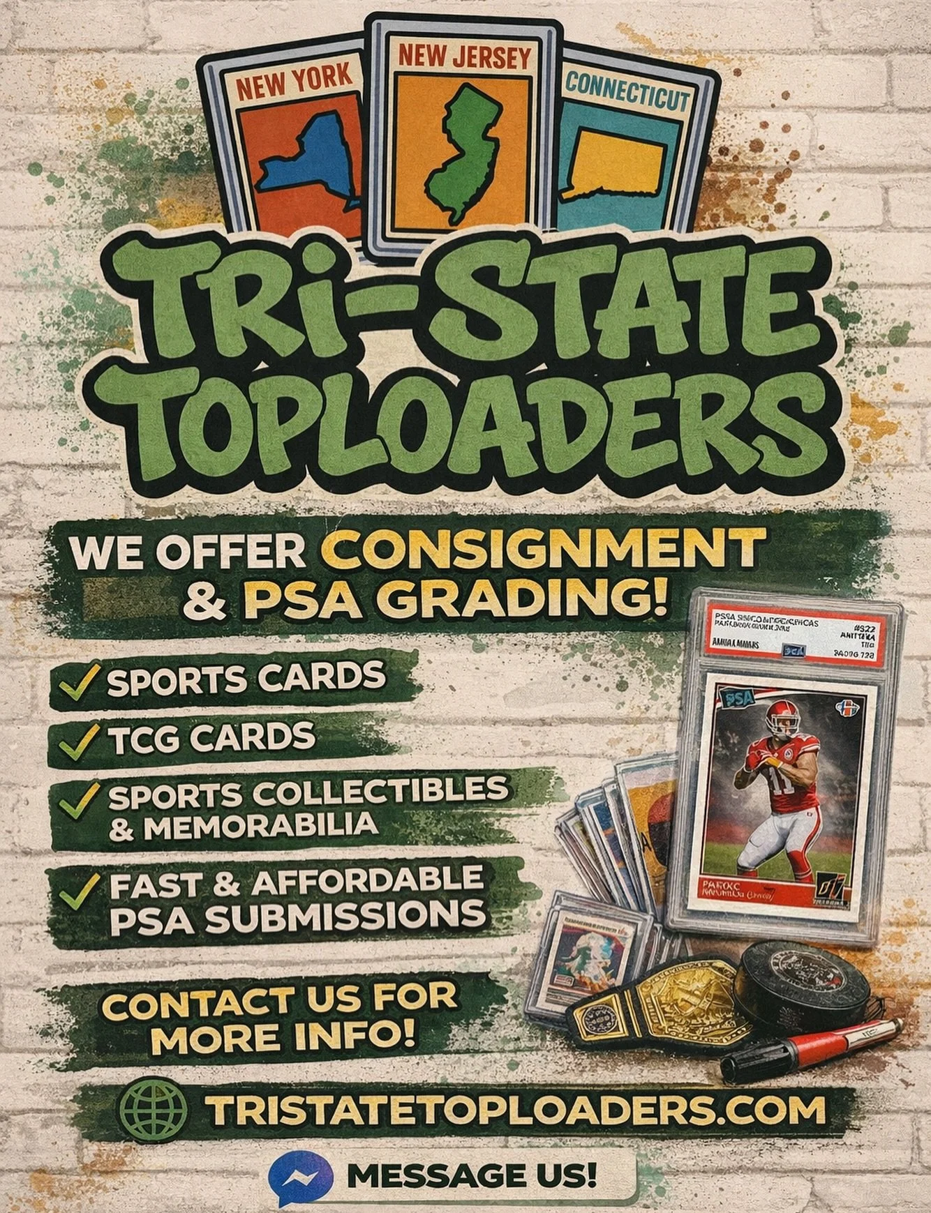 🚨 SELL &amp; GRADE YOUR CARDS THE EASY WAY 🚨

Looking to sell sports cards, TCG, or collectibles &mdash; or get your cards graded by PSA without the headache?

Tri-State Toploaders offers:
✅ Professional eBay consignment (15,000+ cards listed)
✅ PS
