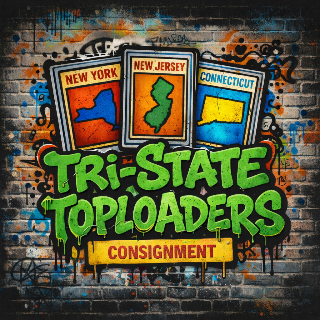 Graffiti-style mural on a brick wall featuring three playing cards with state outlines of New York, New Jersey, and Connecticut, with the words 'Tri-State Toploaders' and 'Consignment' in bold, colorful text.