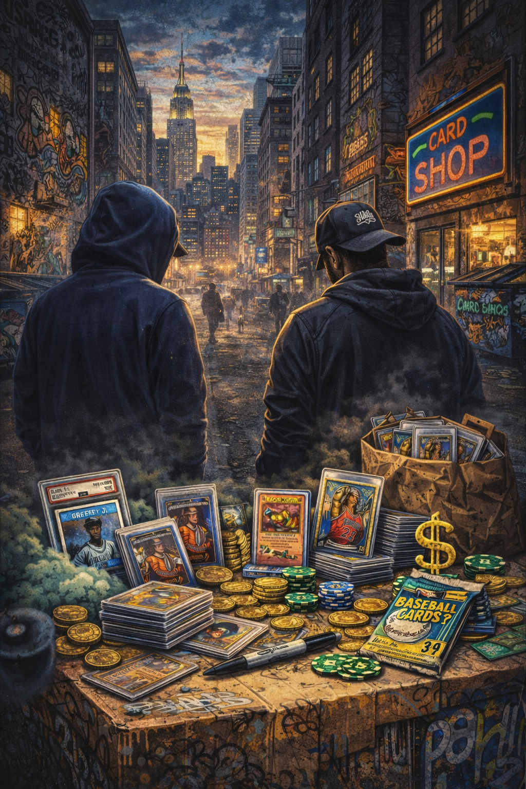 Street vendor selling vintage baseball cards and poker chips on a graffiti-covered table in a vibrant city street at sunset, with two young men in hoodies and caps in the foreground.