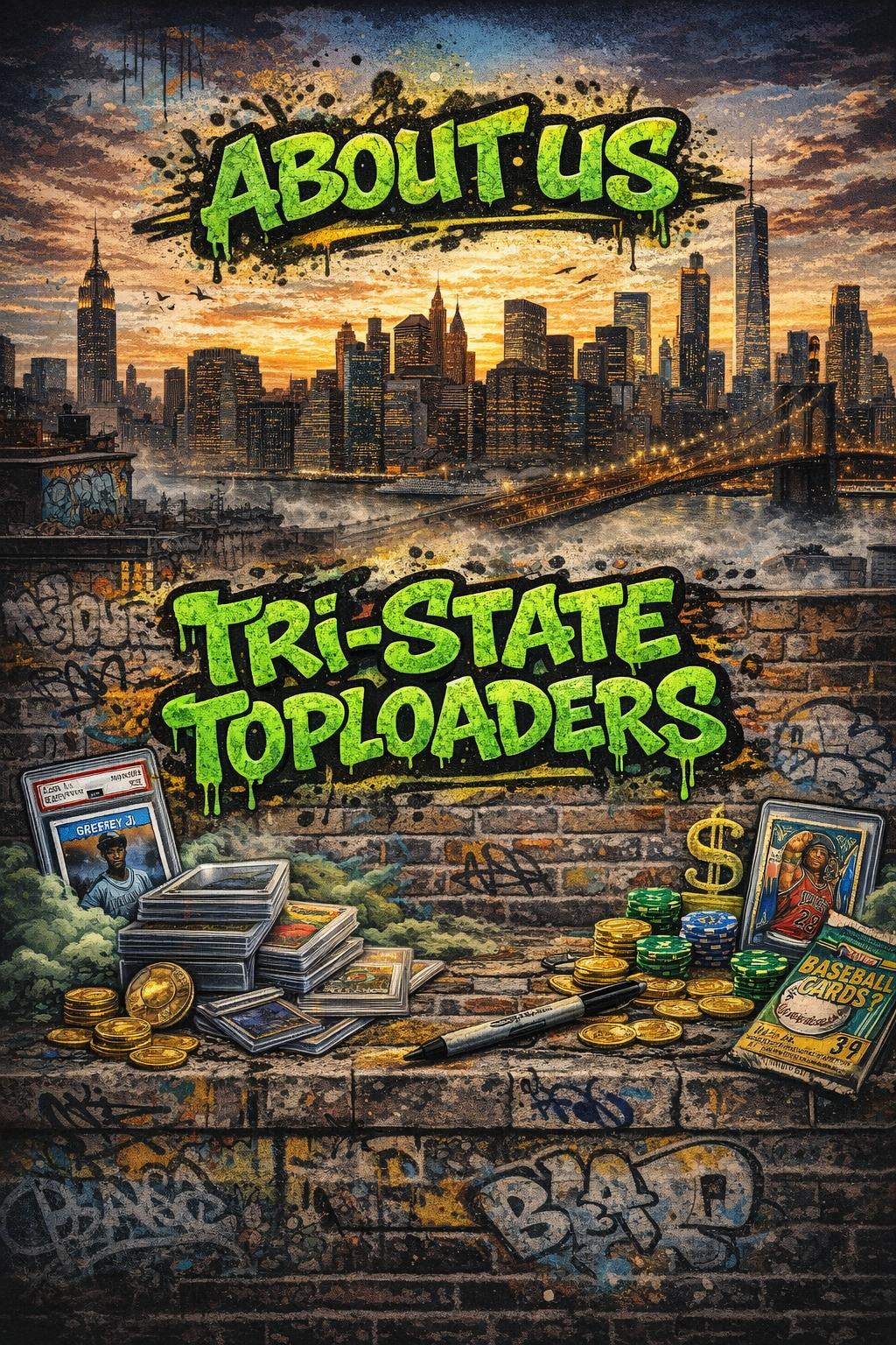 Graffiti-style mural of New York City skyline at sunset, with sports cards, poker chips, and graffiti on a brick wall in foreground, and text 'About Us Tri-State Toploaders' in bright green