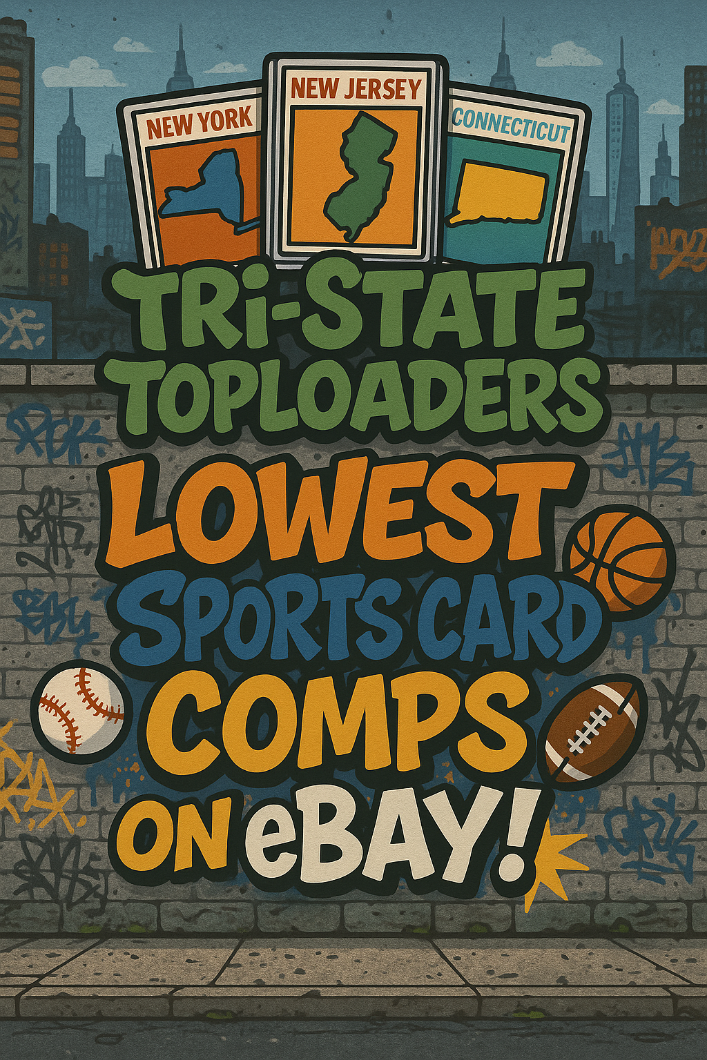 Colorful graffiti mural on a brick wall listing the lowest sports card prices by tri-state area, including New York, New Jersey, and Connecticut, with icons of baseball, basketball, and footballs, and city skyline in the background.