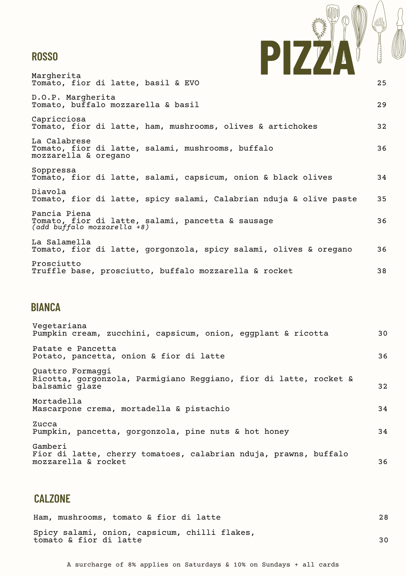 Part of a menu listing various pizzas with their ingredients and prices, with a decorative line of kitchen utensils above the word 'PIZZA'.
