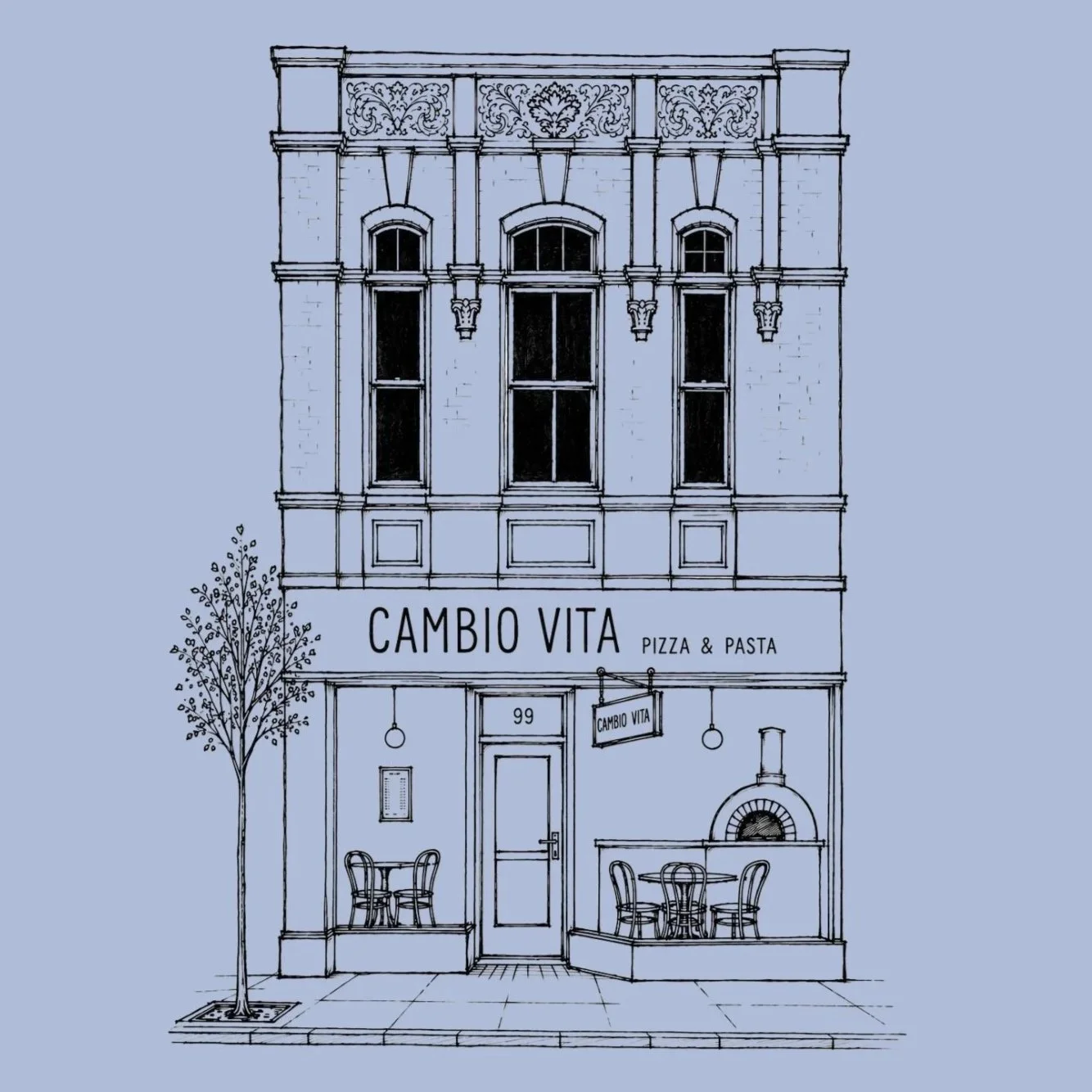 A line drawing of a three-story building with the sign 'CAMBIO VITA PIZZA & PASTA' on the ground floor. The building has tall windows and ornate decorative elements on the upper facade. There is a storefront with tables and chairs outside, a door numbered '99,' and a tree on the sidewalk to the left.