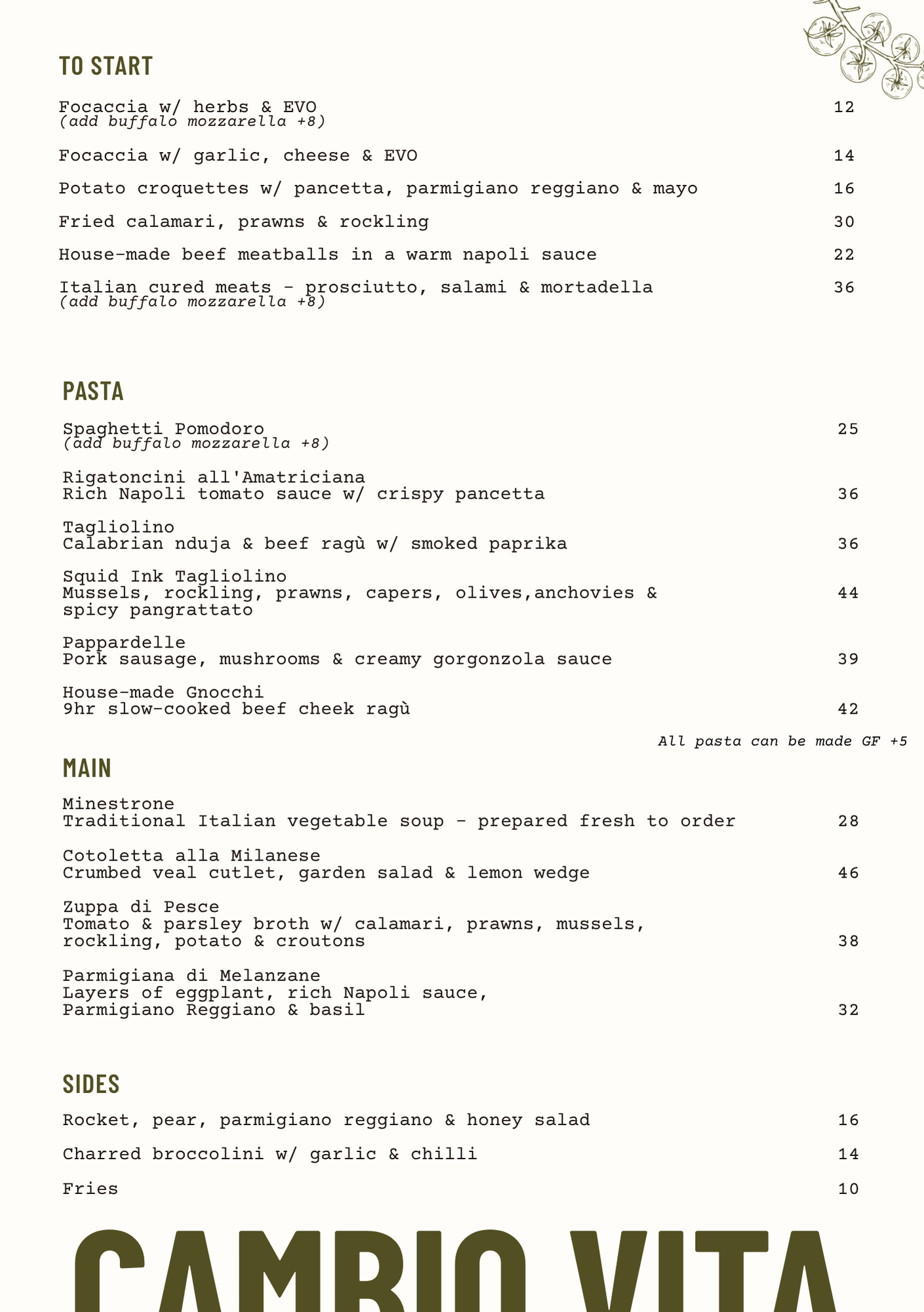 Part of a menu showing starters, pasta, main courses, and sides sections with dish names and prices.