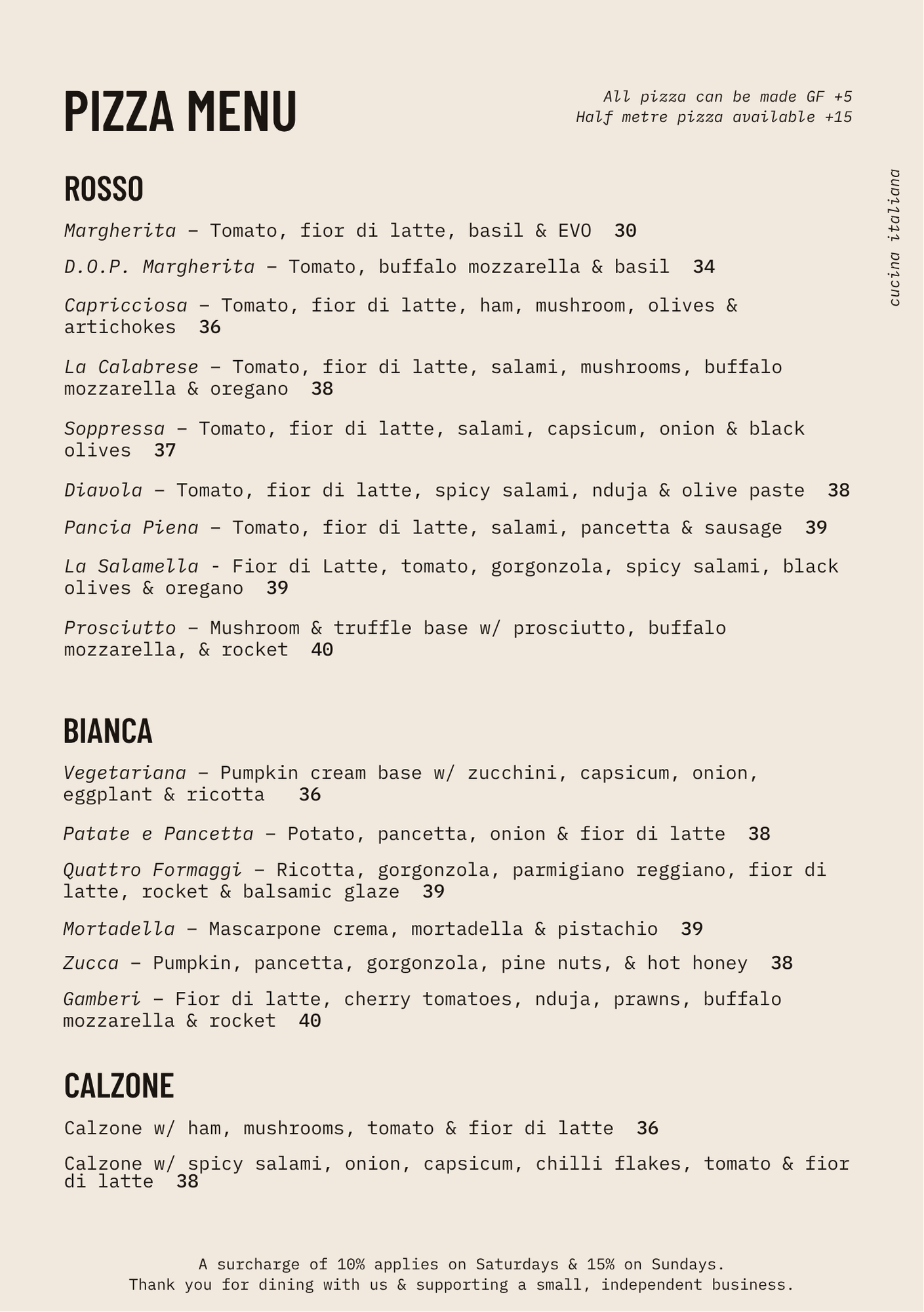 Part of a pizza menu listing various Italian-style pizzas with names, ingredients, and prices, divided into sections for red, white, and calzone options.