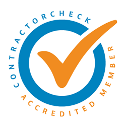 A logo with a circular shape containing a large orange checkmark. The circle has the words "CONTRACTOR CHECK" on the top half and "ACCREDITED MEMBER" on the bottom half, with a blue and orange color scheme.
