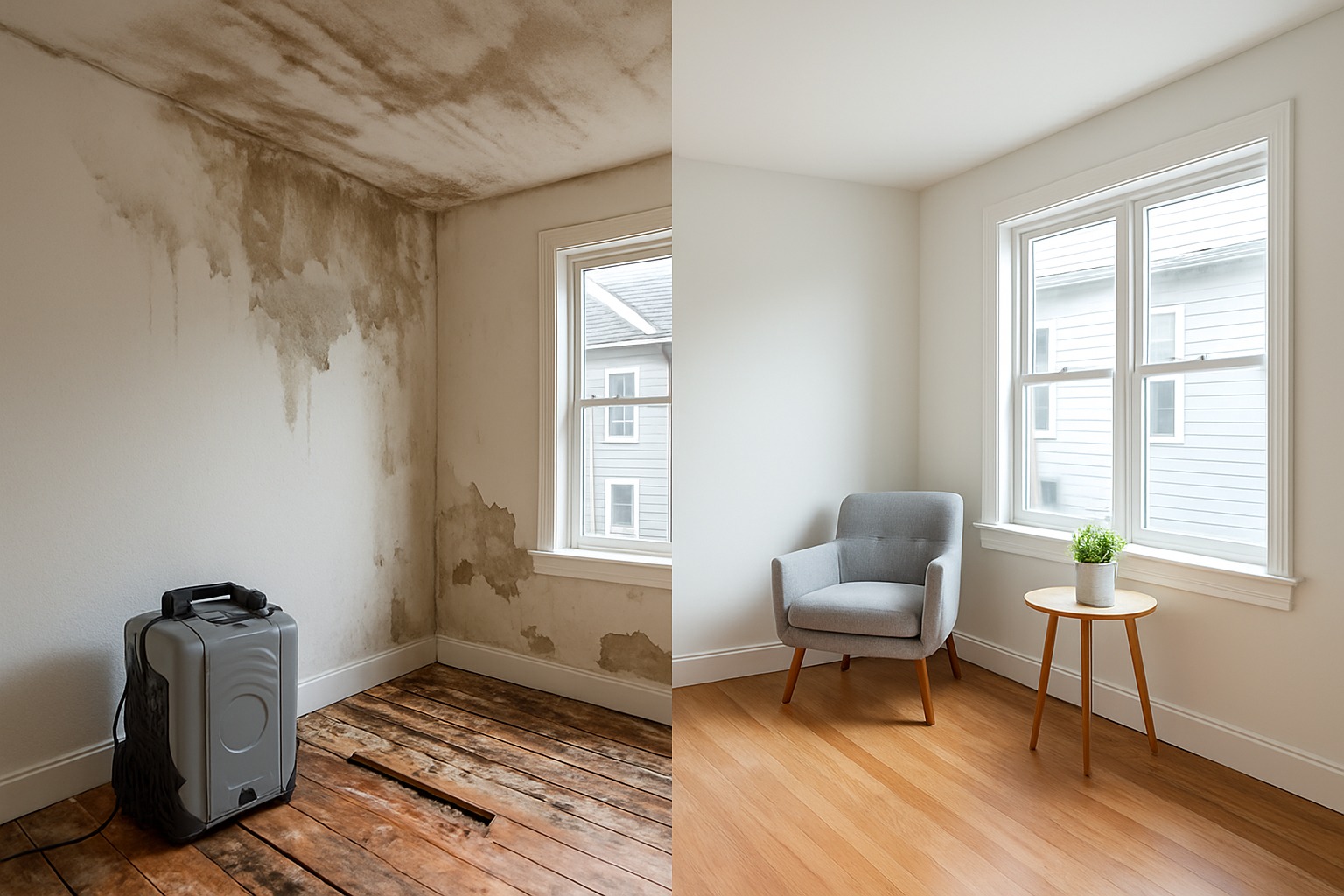 Before and after images of a room renovation. The left side shows a room with moldy ceiling and wall, unfinished wooden floor, and a small gray dehumidifier. The right side shows the same room repaired, with clean white walls, new hardwood flooring, and a gray armchair next to a small wooden table with a potted plant.