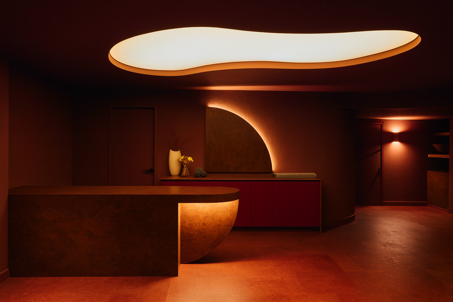 Modern interior reception area with warm lighting, curved ceiling design, wooden furniture, and minimalist decor including a vase with flowers.