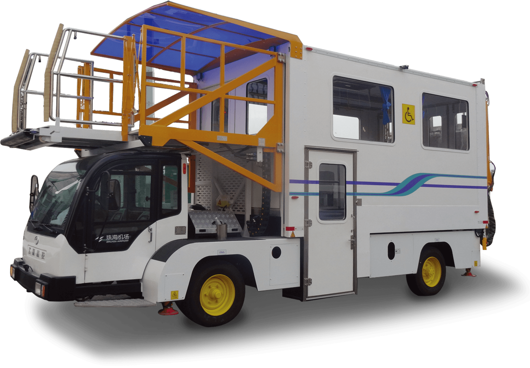 A white airport service vehicle with yellow wheels, equipped with a blue canopy and an orange safety railing. The vehicle has multiple windows, the front labeled 'Zhouhai Airport,' and a sign indicating wheelchair accessibility on the side. A foldable platform with safety rails is attached to the vehicle for passenger boarding.