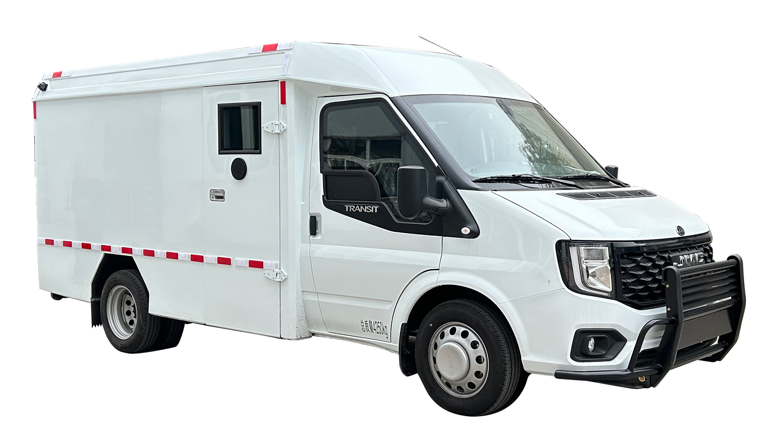 White utility van, possibly used for deliveries or service work, with black front grille guard, black side mirrors, and a small window on the side.