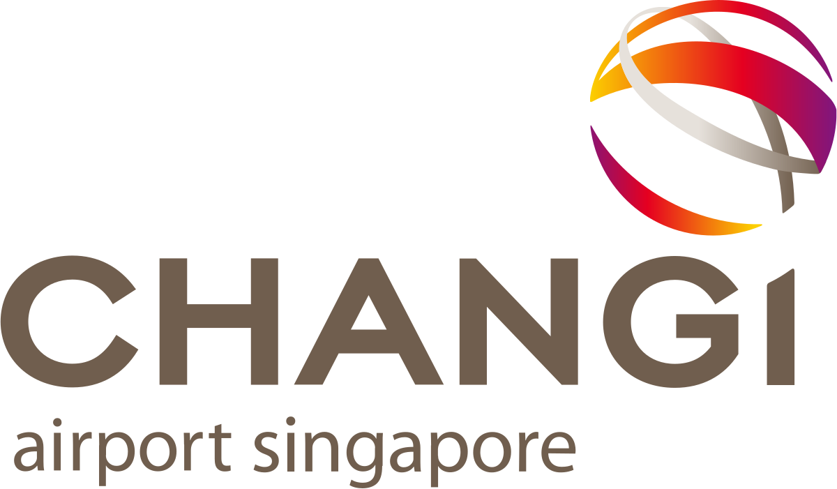Logo for Changi Airport Singapore with English text in bronze and a red and gold circular swirl motif.