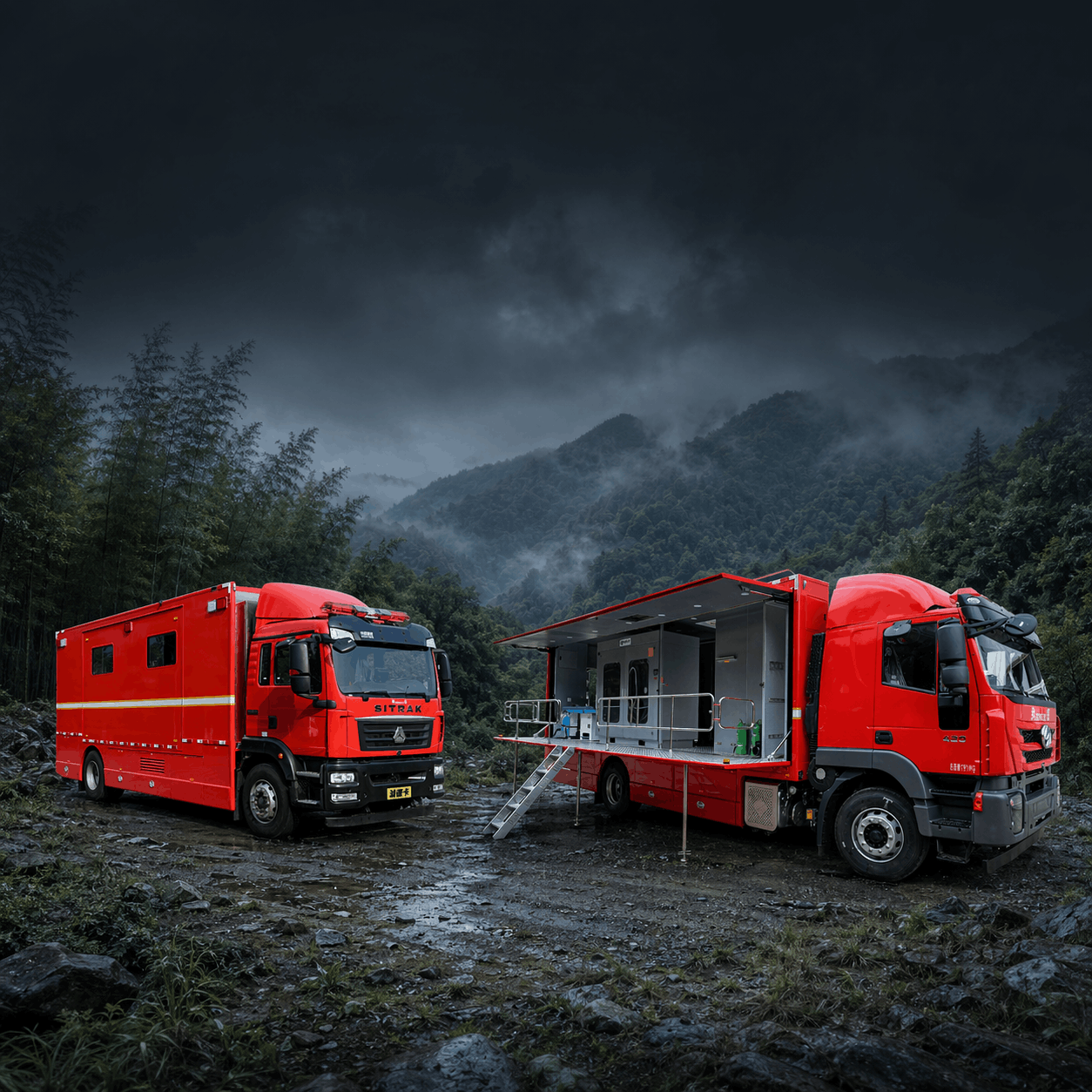 Two red emergency response trucks parked in a mountainous, forested area on a cloudy, rainy day.