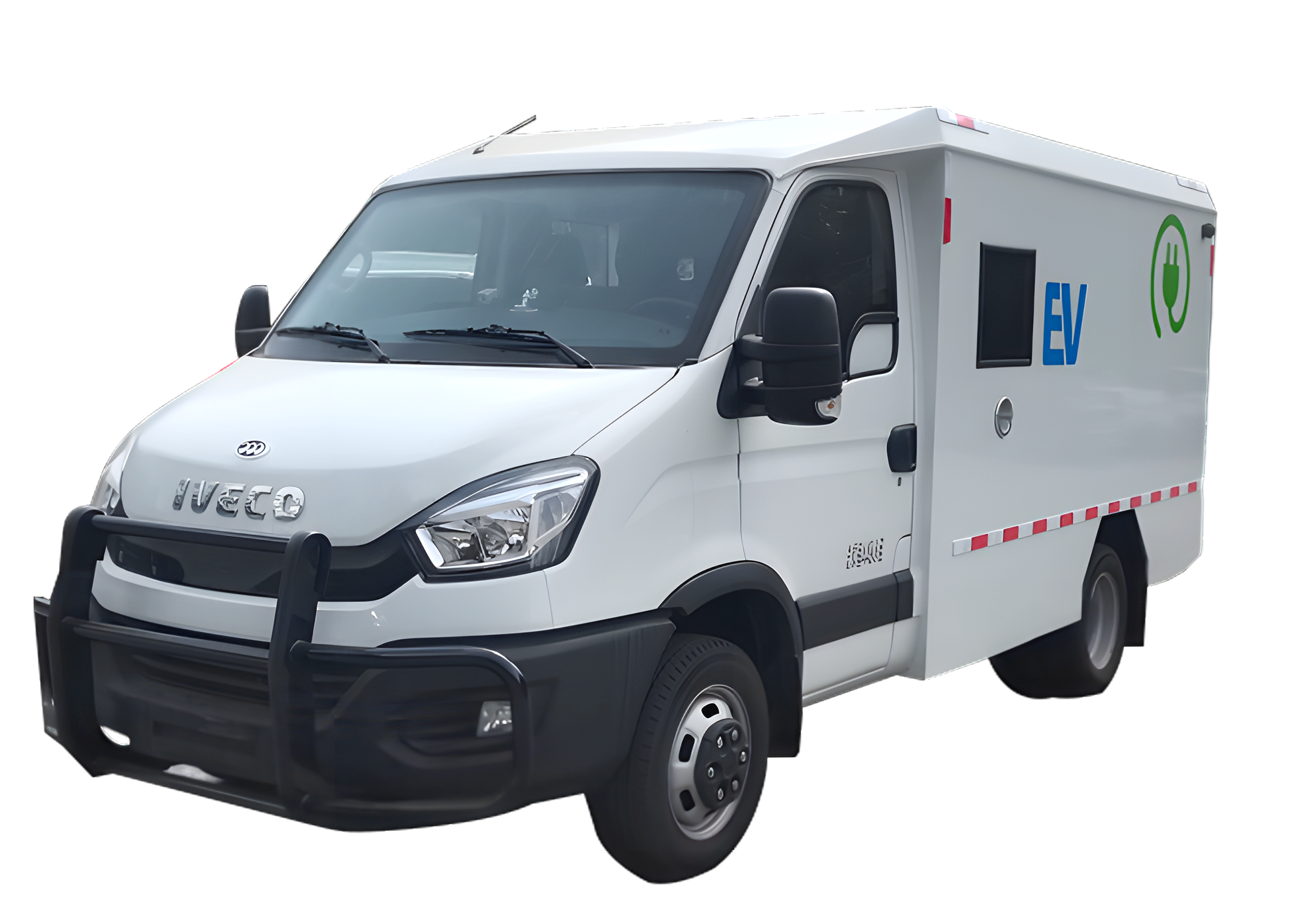 White electric bulletproof cash-in-transit van with EV and green charging symbols on the side