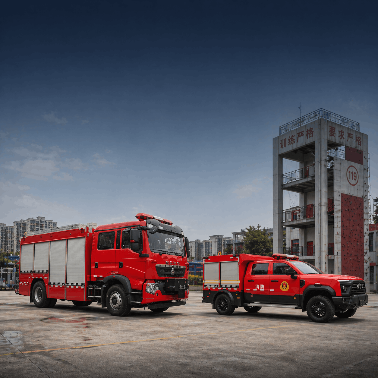 Two red fire trucks parked in an outdoor training facility, with a rock climbing wall and residential buildings in the background under a blue sky.