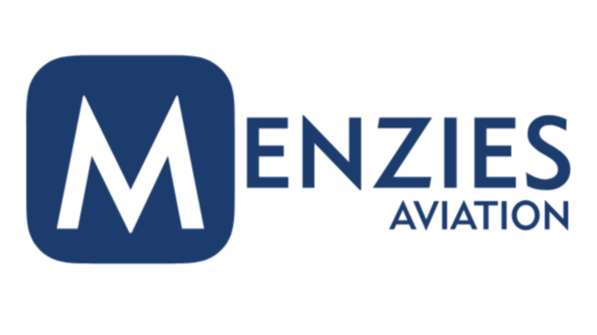 Logo of Menzies Aviation with a large letter M inside a rounded square, followed by the company name. Dark blue and white colors.