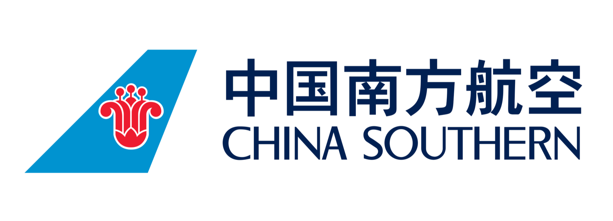 Logo of China Southern Airlines featuring a stylized red flower emblem on a blue wing shape with Chinese characters and the English name 'China Southern'