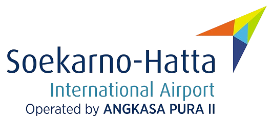 Logo of Soekarno-Hatta International Airport featuring stylized text and a geometric design with colorful triangles.