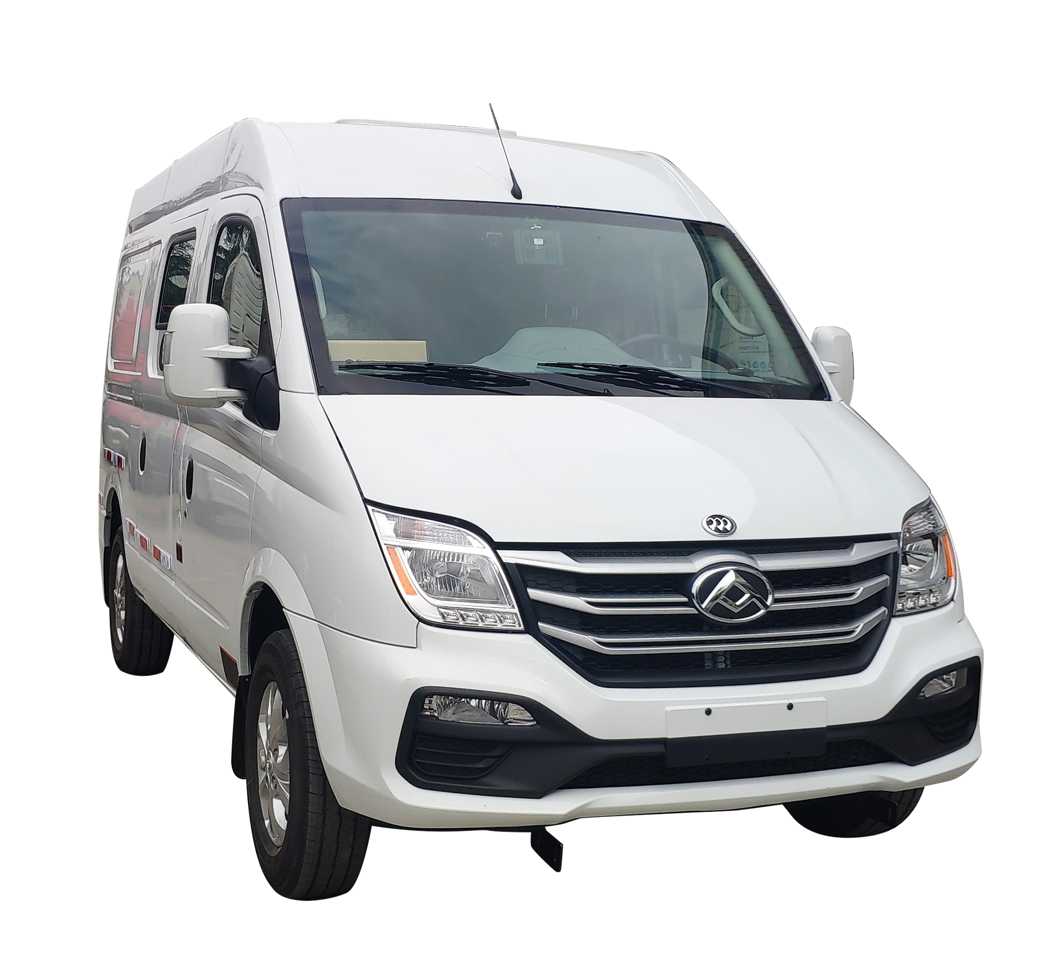 A white commercial van with a front grille and headlights, parked facing forward.