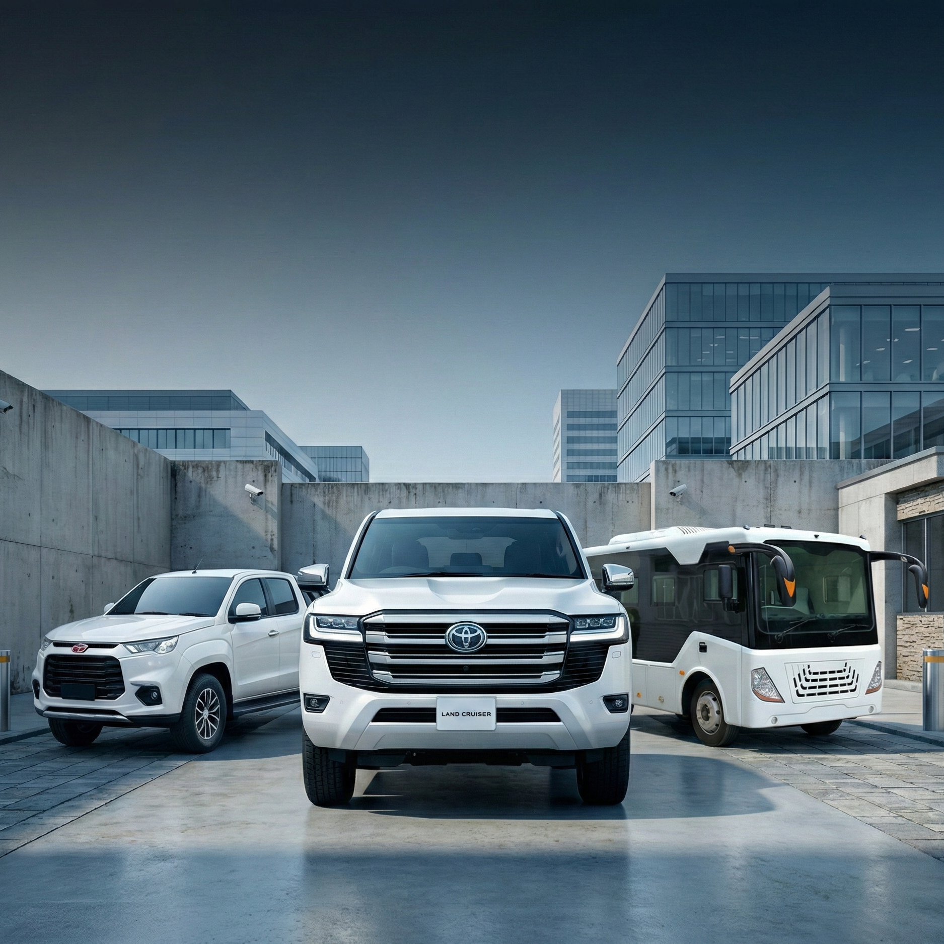 A white bulletproof Toyota Land Cruiser SUV parked between a white bulletproof sedan and a white bulletproof shuttle bus in a modern urban parking lot with tall glass buildings in the background.