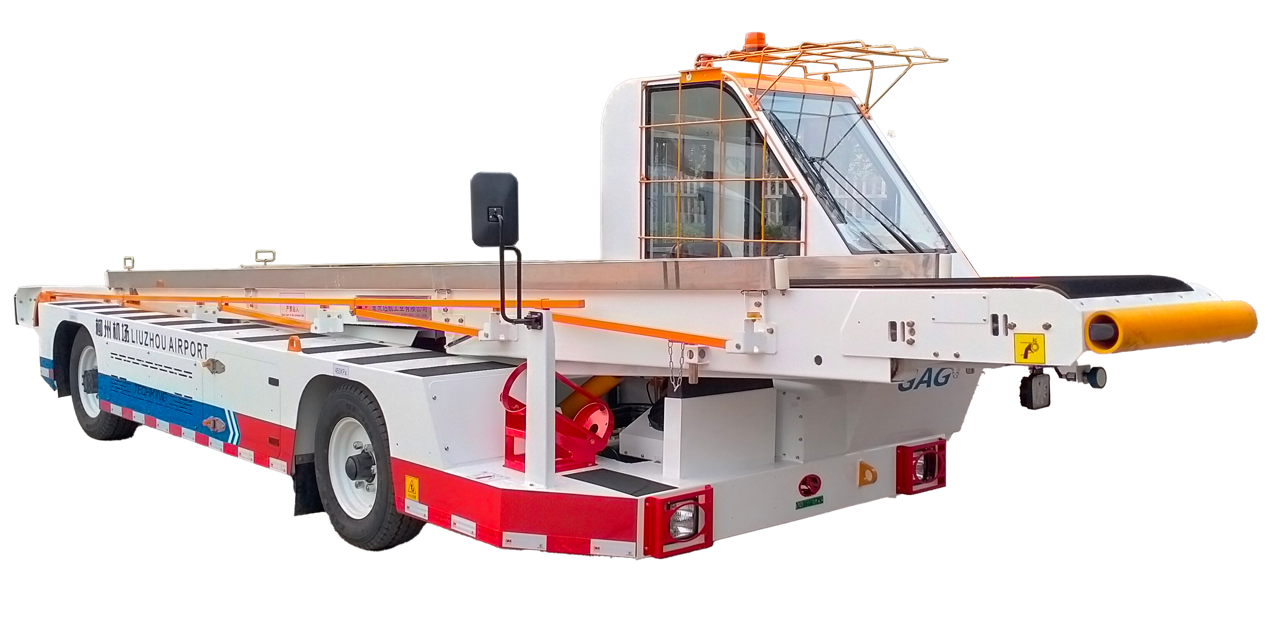 Aircraft tug or boarding vehicle at Lu Zhou Airport with a white and red body, orange safety rails, and a bubble-shaped cockpit.