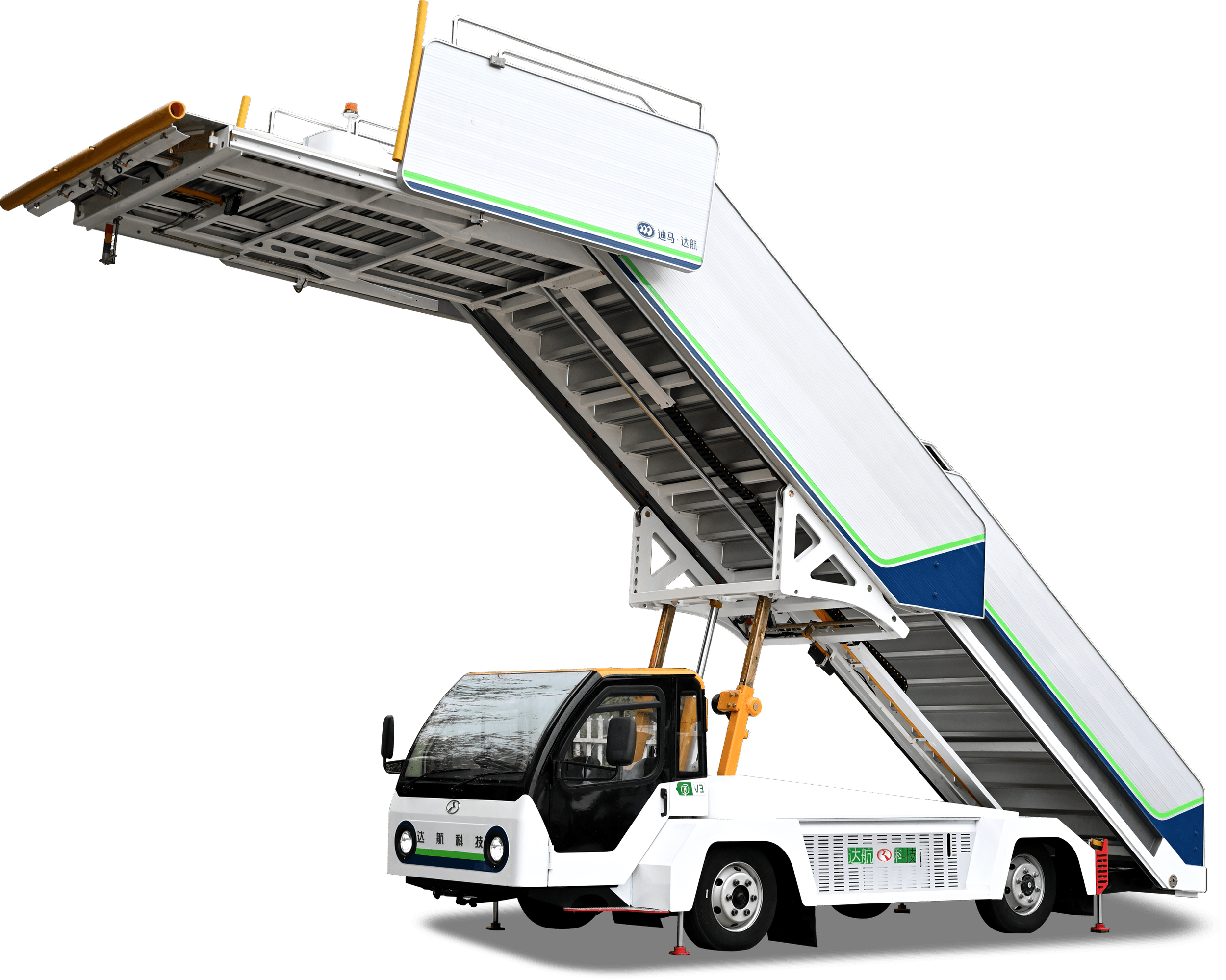 A mobile advertising boarding stair truck with a large blank white advertising space, green and blue stripes, and Chinese characters on the side, equipped with a hydraulic lifting platform.