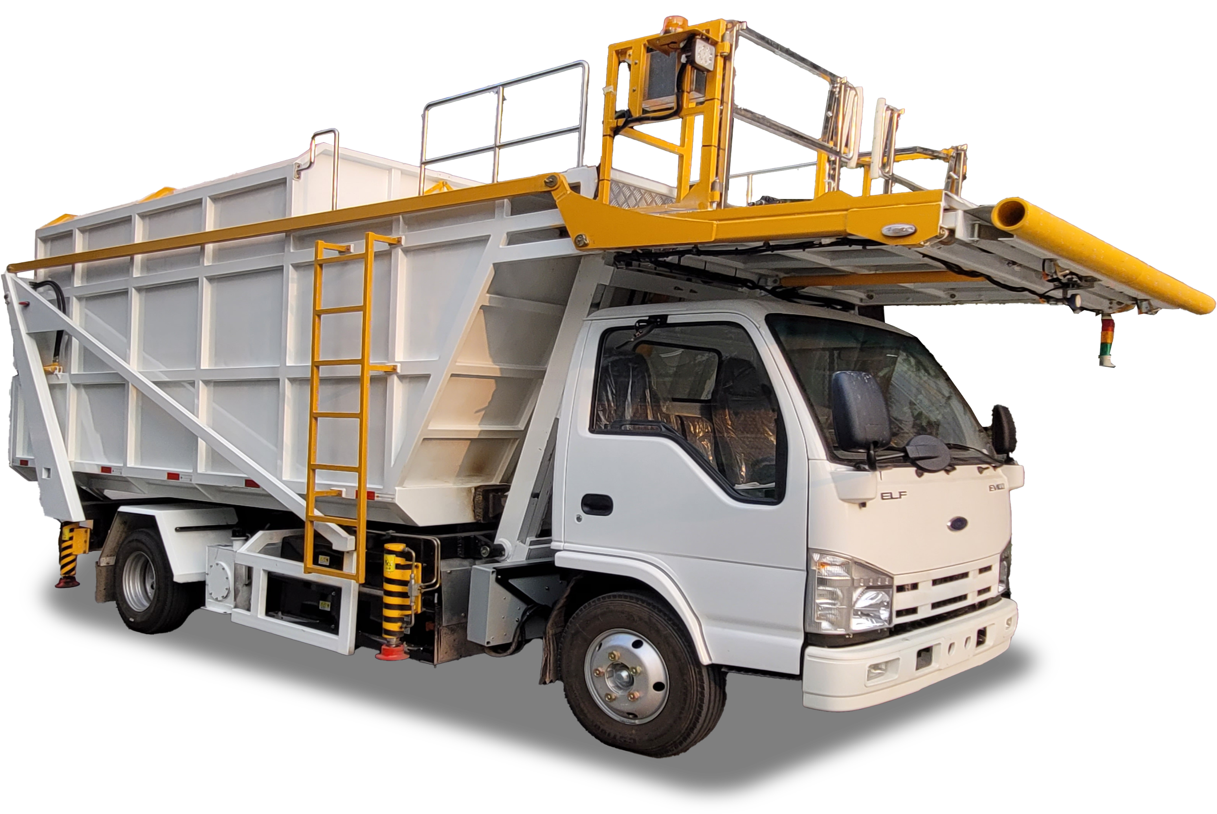 A white utility truck equipped with a yellow aerial lift and safety railings, used for maintenance work at heights.