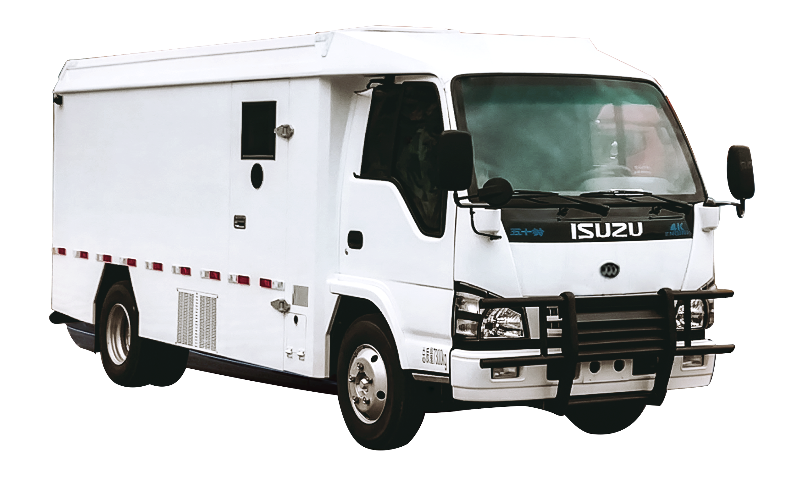 A white Isuzu service or utility truck with a black grille guard and side mirrors, black tires, and several compartments on the side, isolated against a plain background.