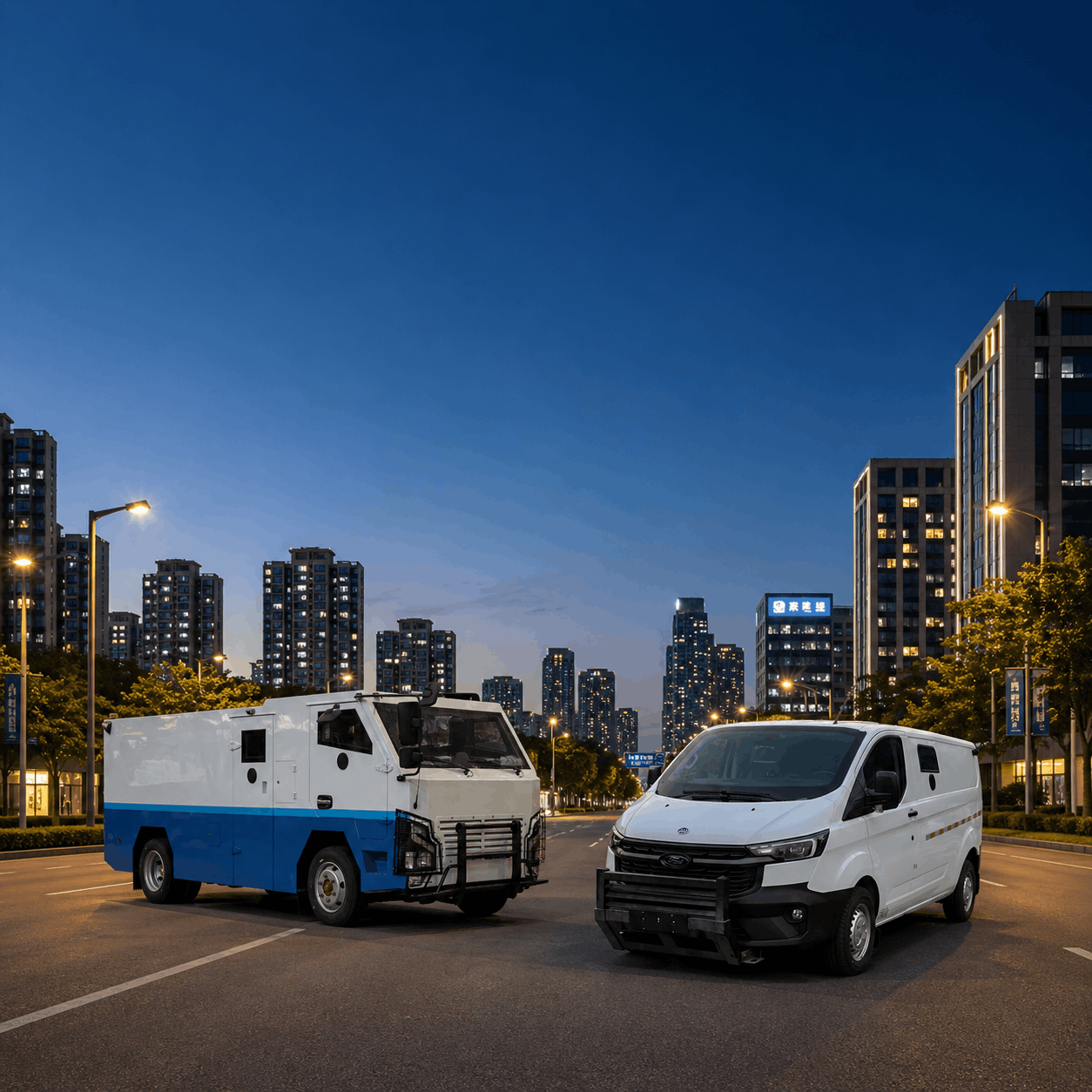 Two city service vehicles, a white and blue street cleaning or maintenance truck and a white cargo van, parked on an empty city street during dusk with tall illuminated buildings in the background.
