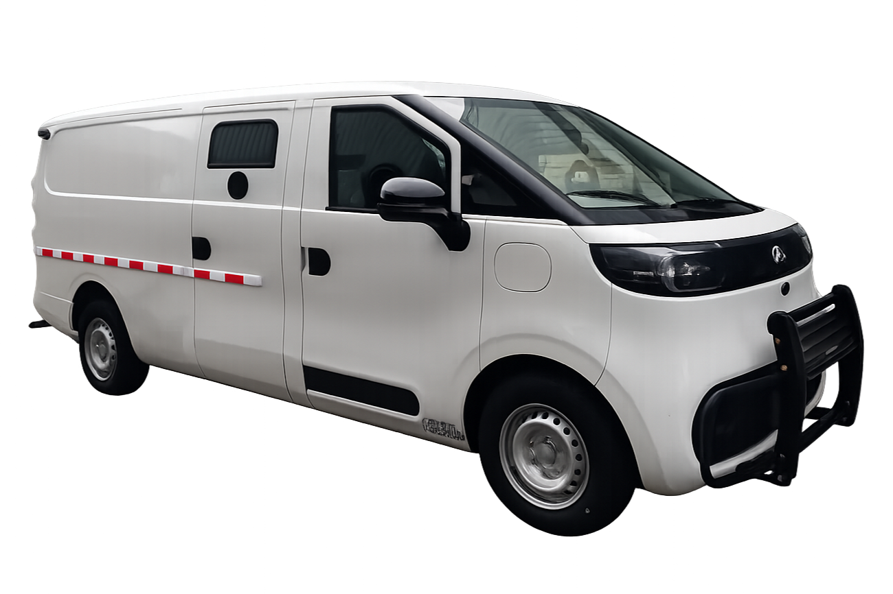 White cargo van with black front grille guard and tinted windows