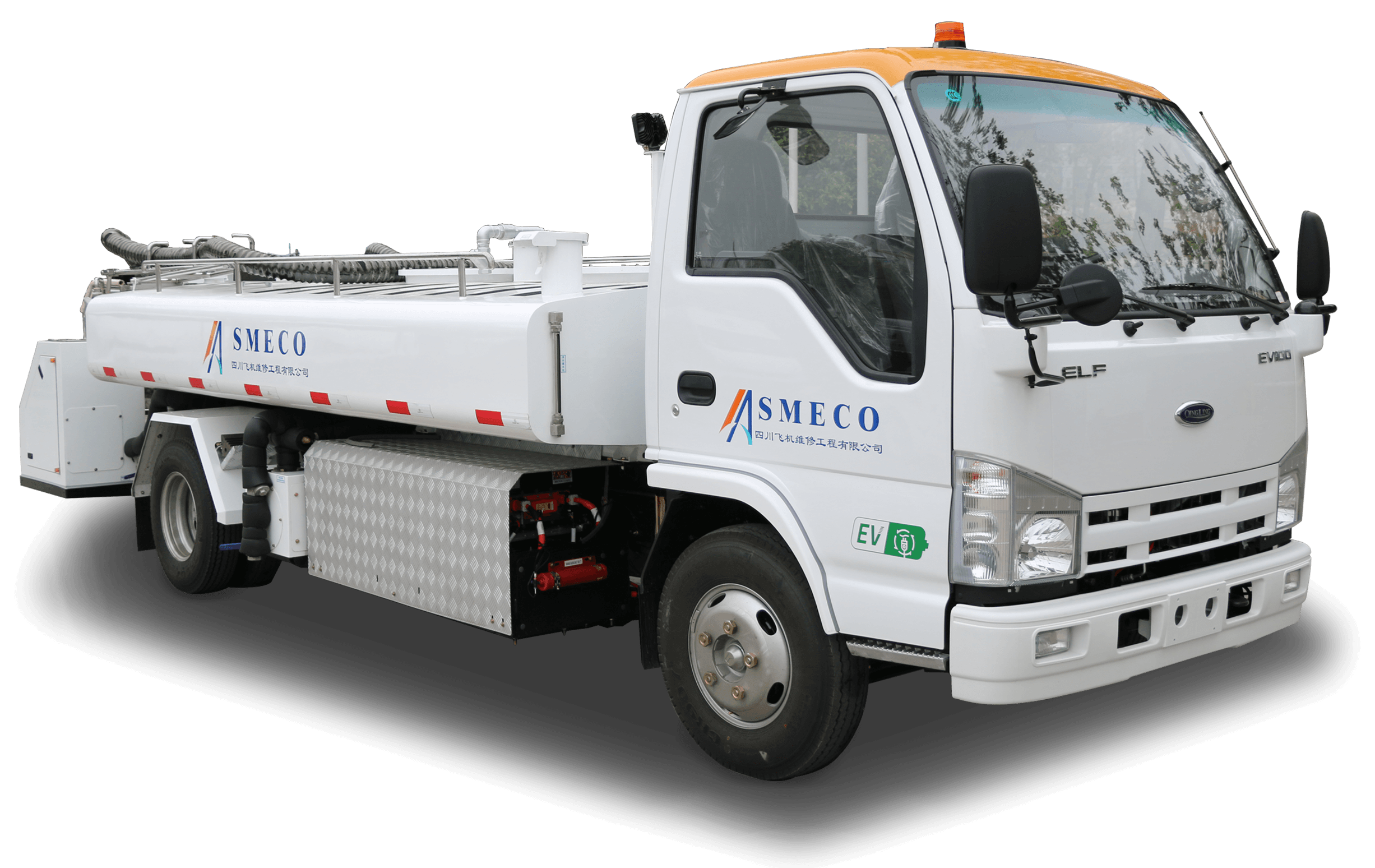 A white electric utility truck with an orange roof, featuring the logo and Chinese characters for 'SMECO,' and equipped with electrical and safety hardware.