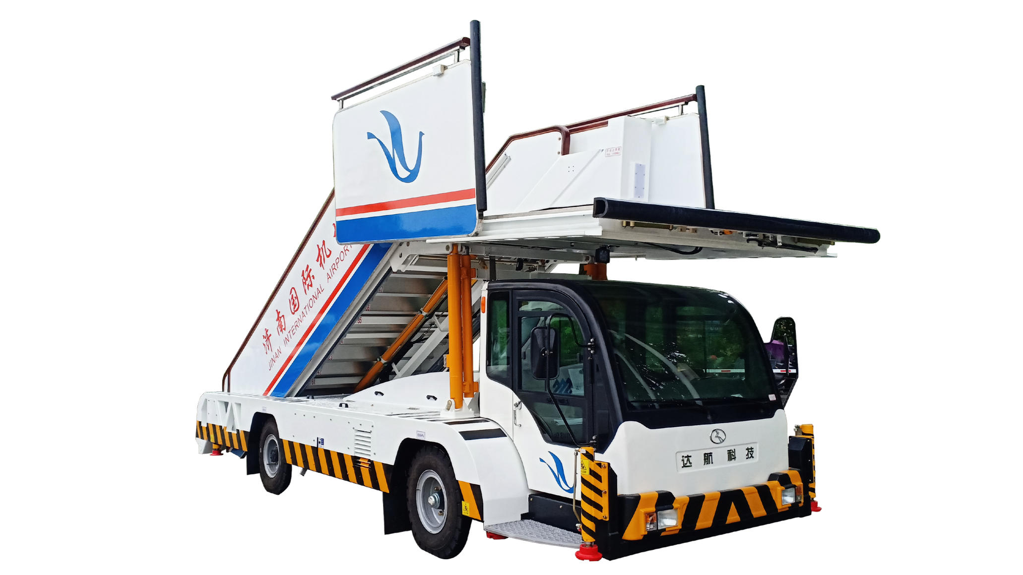 A white airport stair truck with black and yellow safety markings, featuring a staircase with the China Airlines logo leading up to a jet bridge at Jinan International Airport, with Chinese and English text.