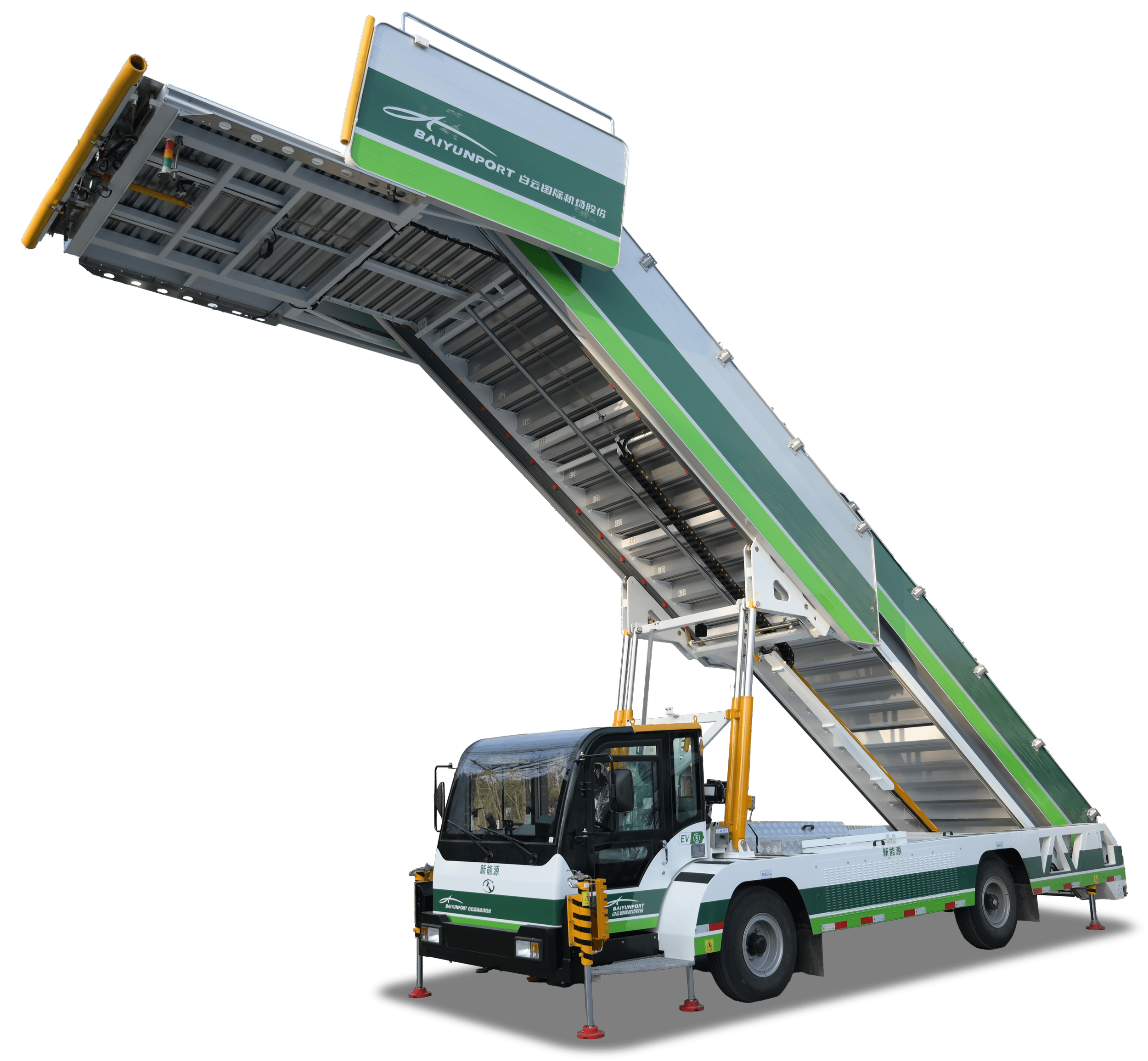 A large mobile crane truck with a green and white color scheme and the brand name 'BAYUNPORT' on the side, extending its crane arm upward.
