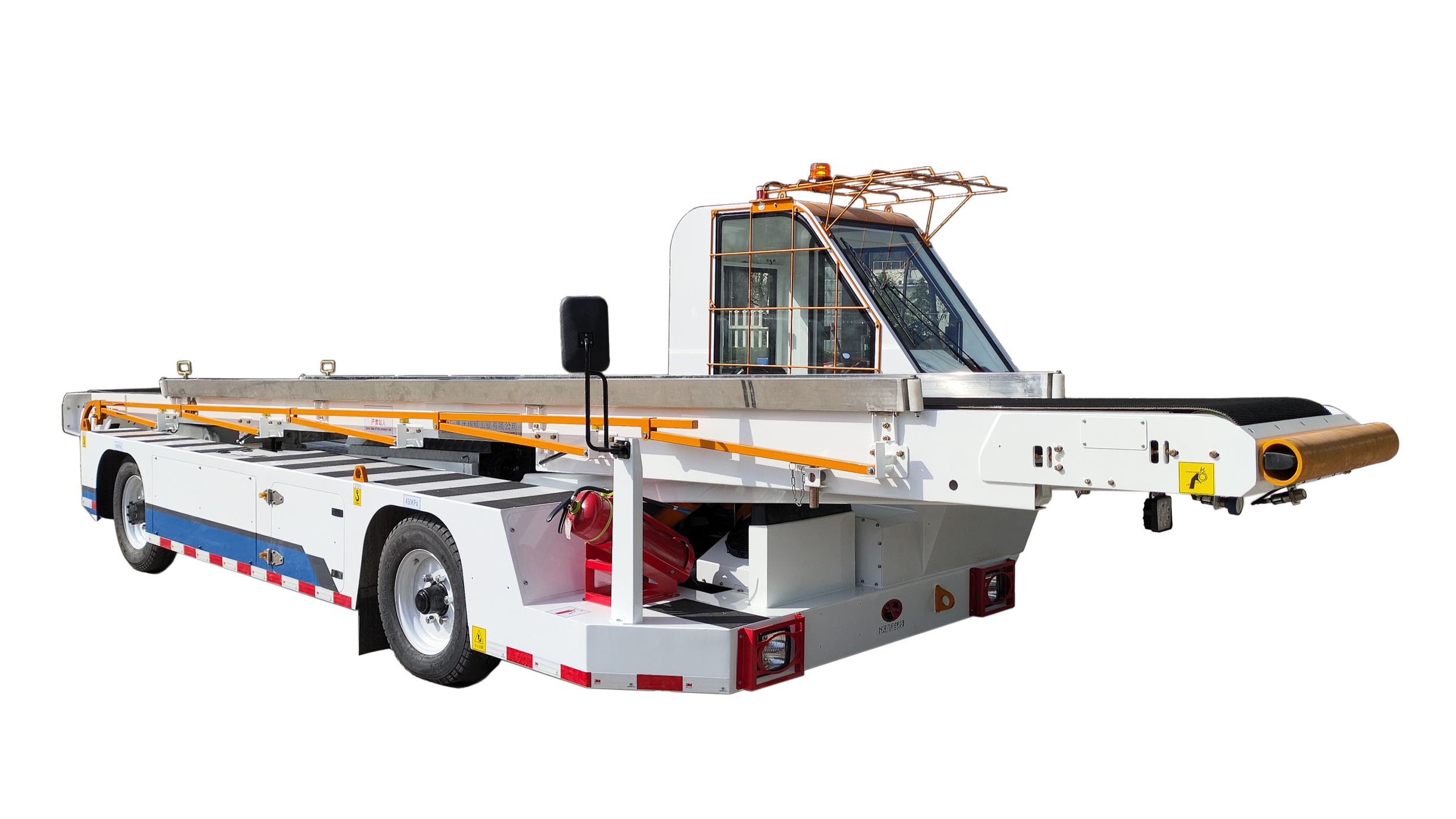 Modern airport baggage conveyor vehicle with white body, black wheels, yellow safety markings, and a transparent enclosed cab for the driver.