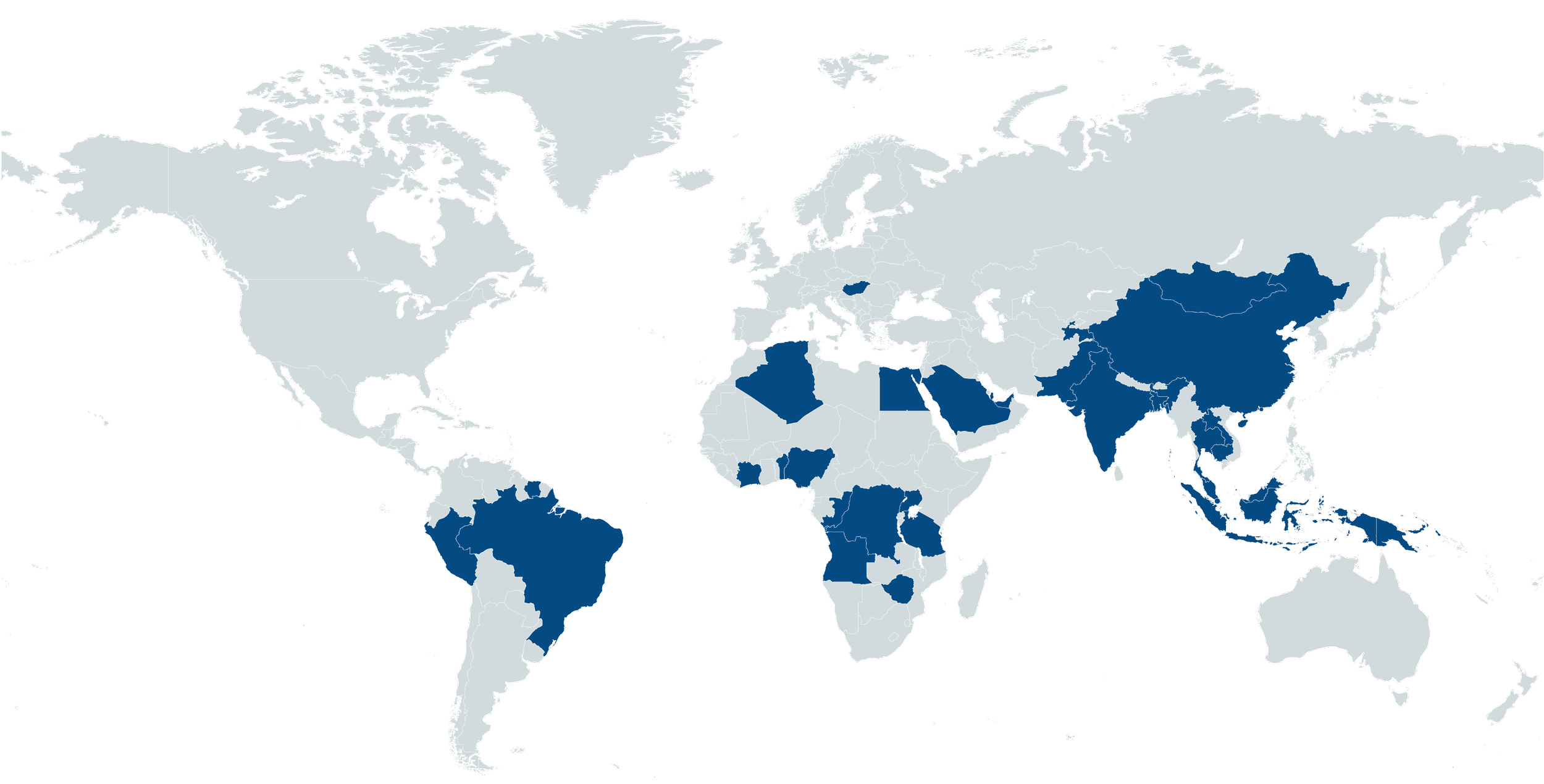 World map highlighting countries in dark blue, including Brazil, Nigeria, Saudi Arabia, India, China, Russia, Egypt, and Australia.