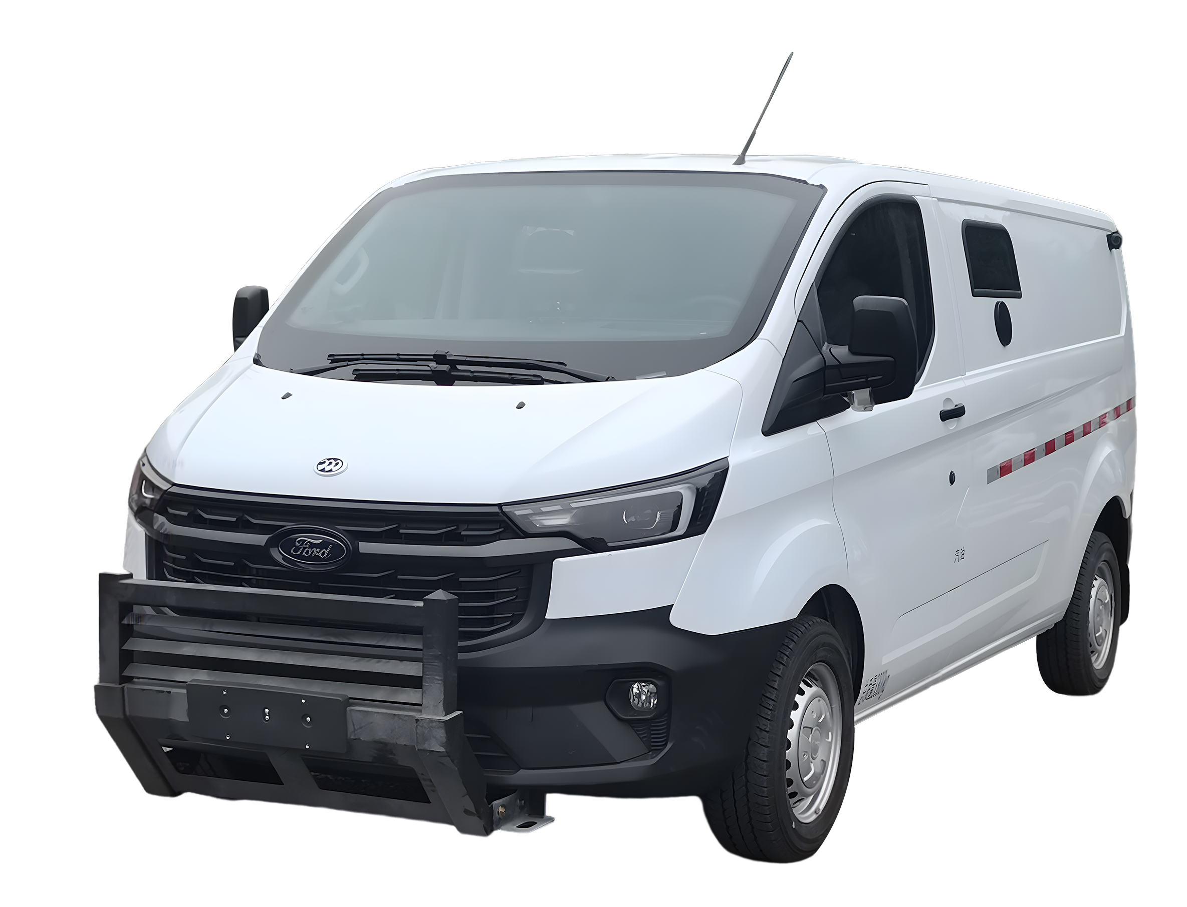 White Ford van with push bumper and dark accents.