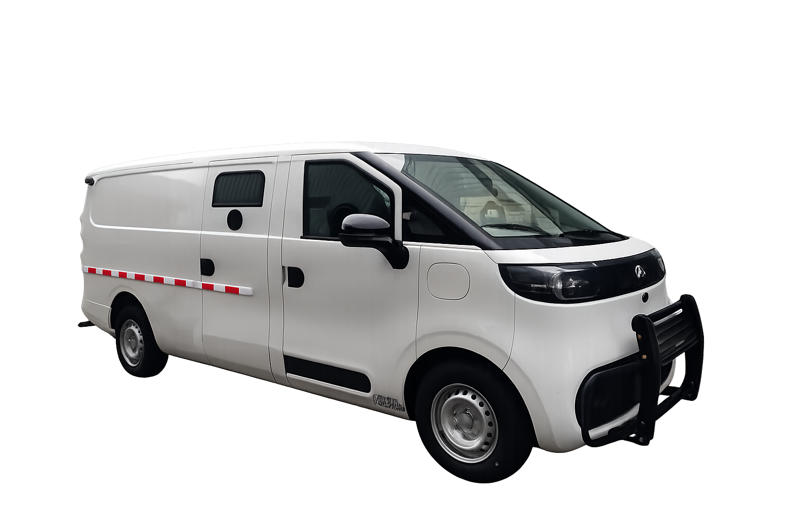 White bulletproof cash-in-transit van with black front grille guard, black side mirror, and tinted windows