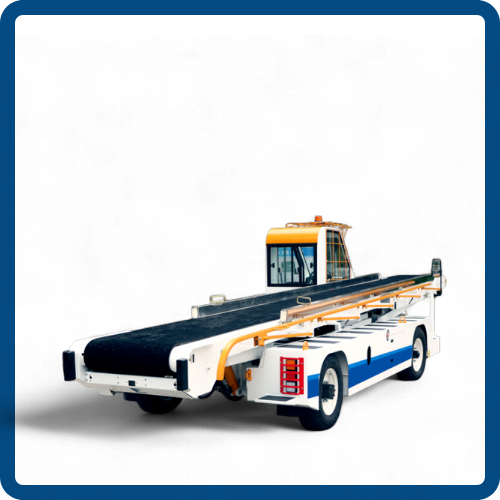 Airport luggage cart with black conveyor belt and orange safety rails on a white background