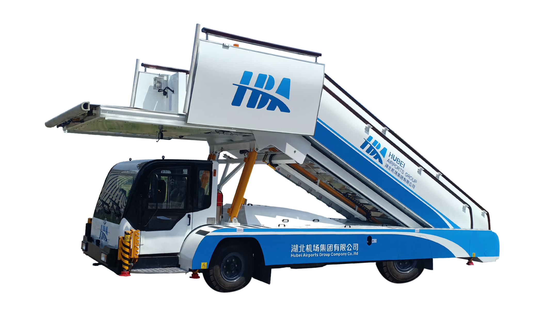Aircraft boarding bridge with blue and white branding from Hubei Airports Group, attached to a vehicle base.