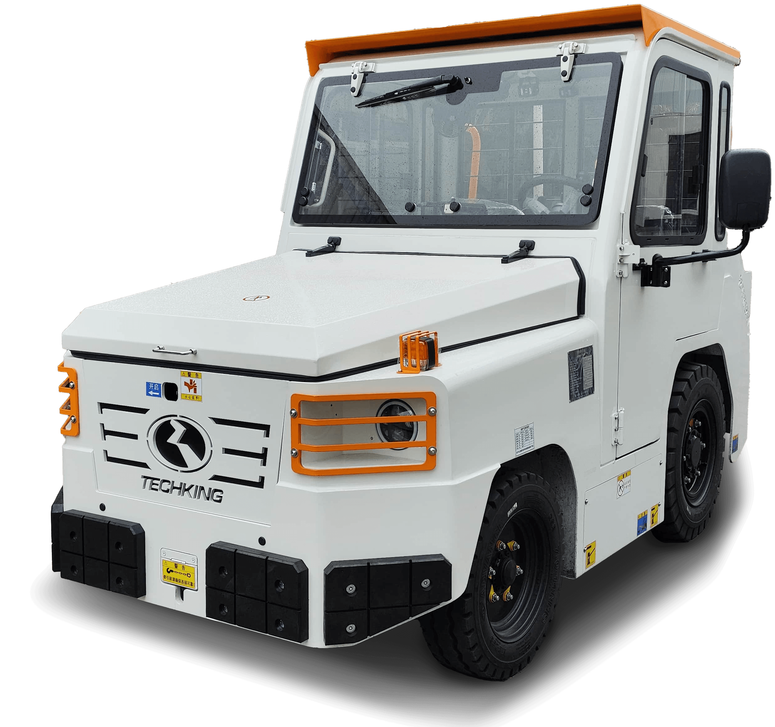 Close-up of a white industrial vehicle, possibly an autonomous delivery robot, with black and orange accents, large tires, and front grille, set against a black background.