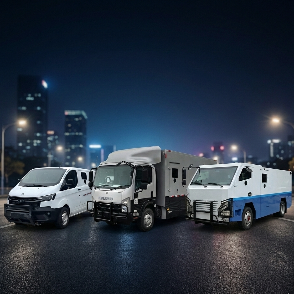 Three Dima CIT vehicles parked on a city street at night: a white cash-in-transit bulletproof van, a white cash-in-transit bulletproof truck, and a white and blue cash-in-transit bulletproof truck, with city lights and skyscrapers in the background.
