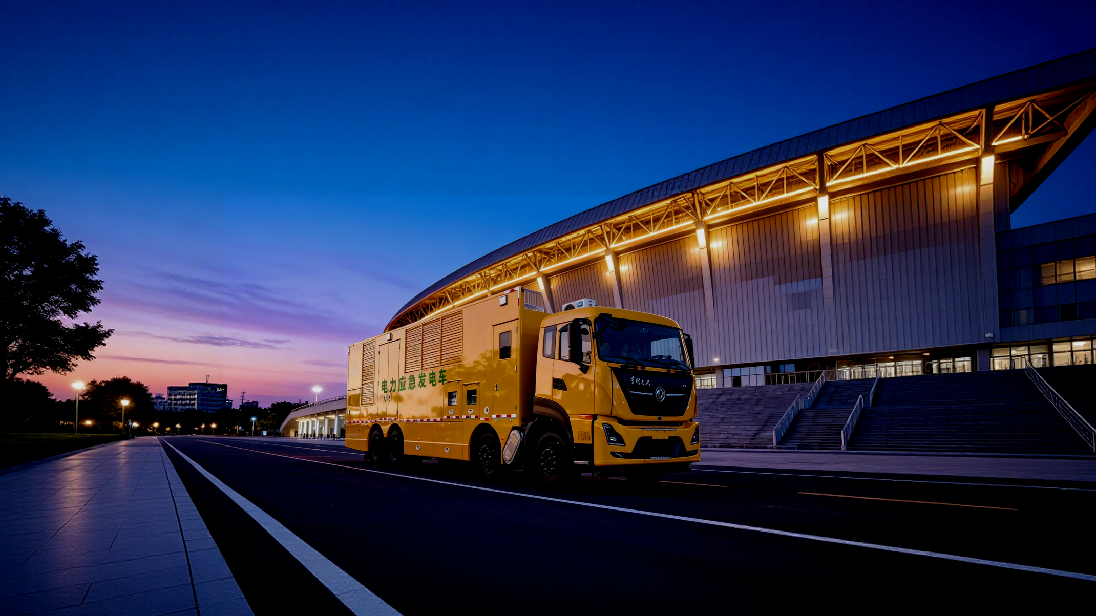 A yellow electric power emergency response vehicle parked outside a large modern building at dusk, with streetlights and a colorful sky in the background.