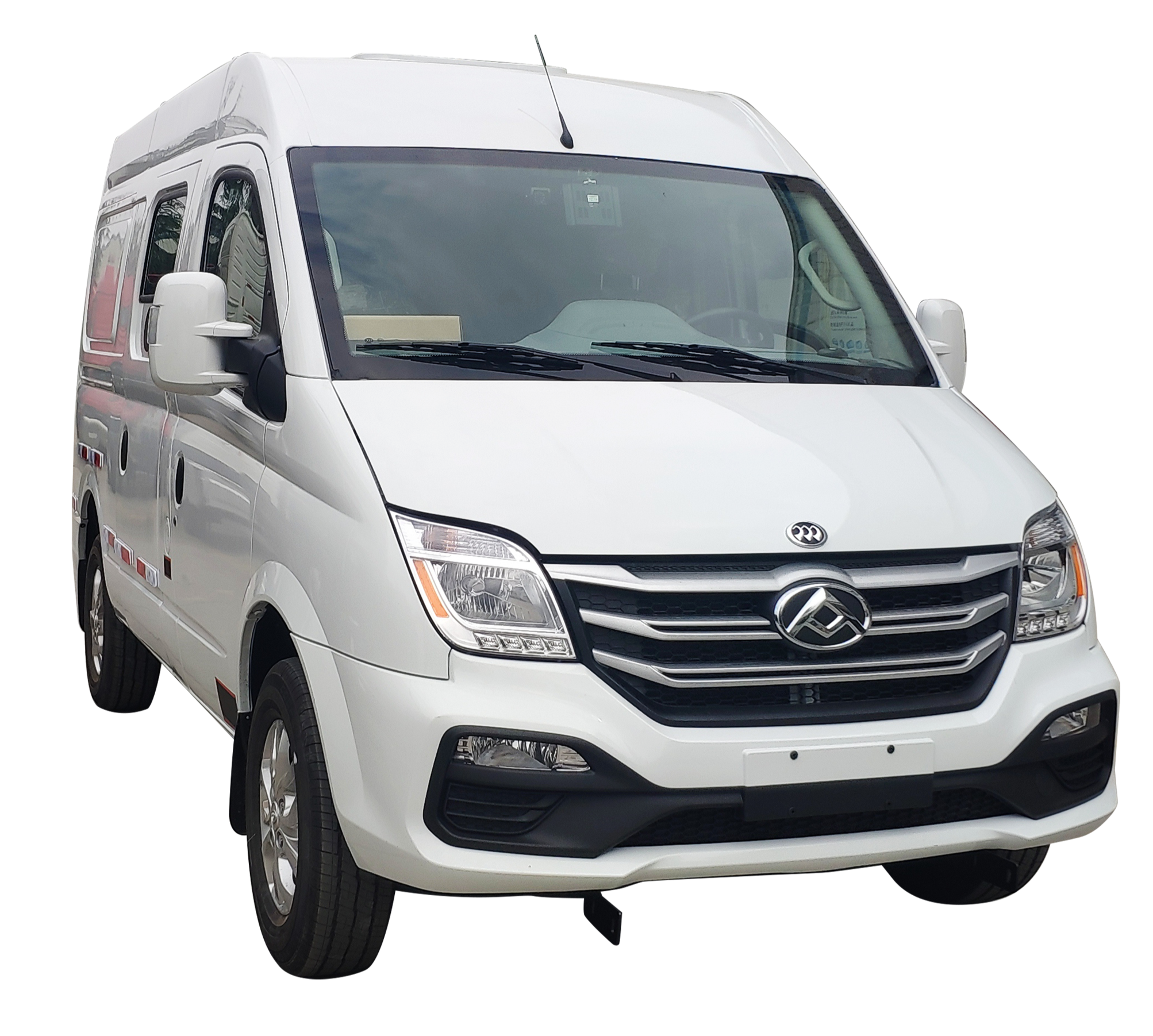 Front and side view of a white commercial van, with company logo on the grille, black details, and an antenna on the roof.