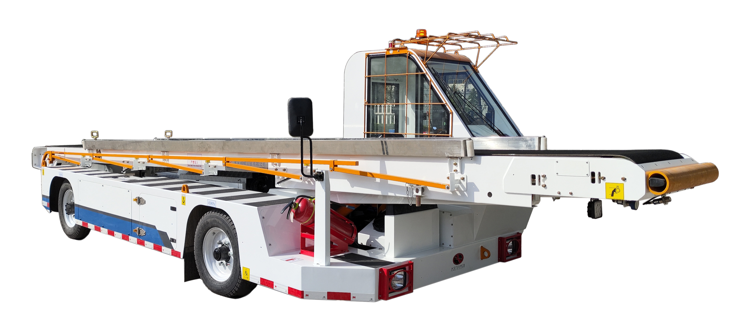 A white airport tug vehicle with an enclosed cab and orange safety rails, used for moving airplanes.