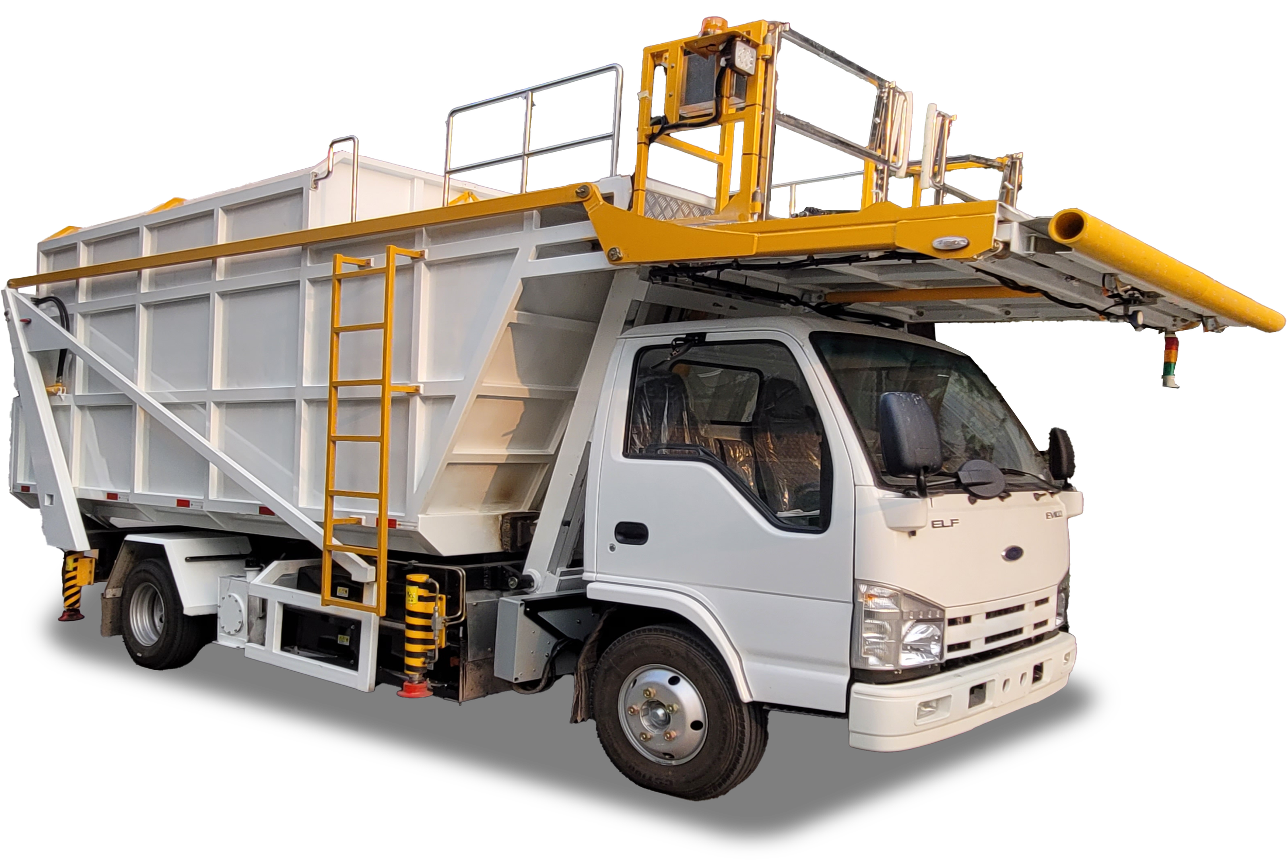 A utility truck equipped with a yellow aerial lift platform and safety railing, used for maintenance or repairs at heights.
